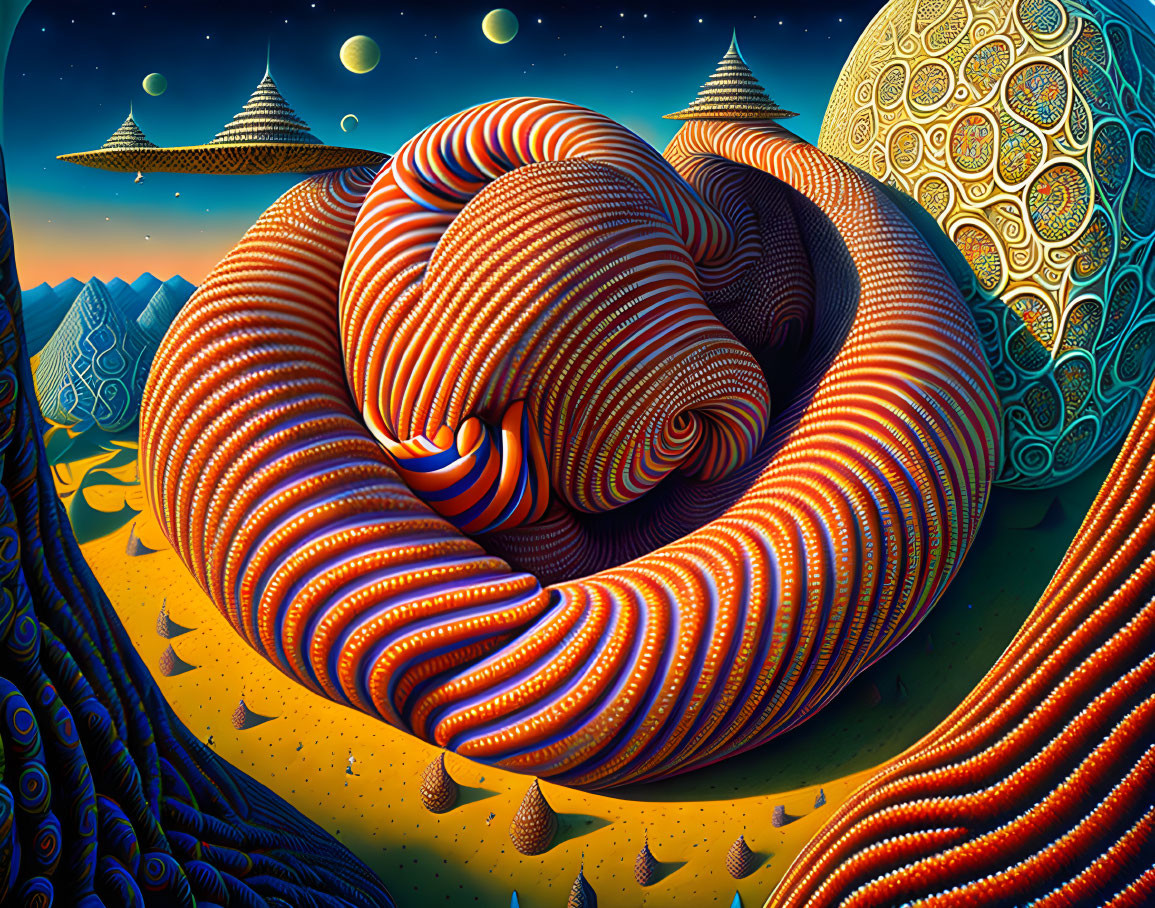Colorful psychedelic elephant in surreal landscape with hills, pyramids, and moons