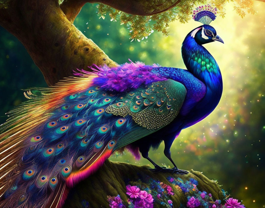 Colorful Peacock Display in Magical Forest
