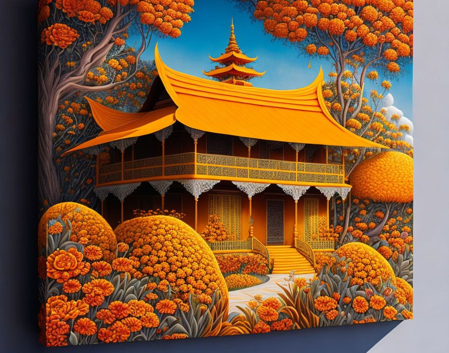 Traditional Asian Pagoda Surrounded by Orange Foliage and Flowers