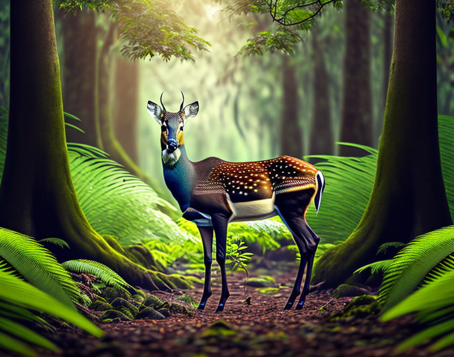 Spotted deer in vibrant forest clearing with colorful foliage