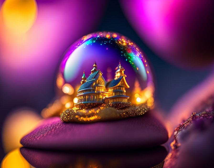 Miniature castle snow globe with purple ornaments and sparkling lights