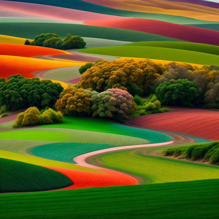Colorful Agricultural Fields and Clustered Trees in Lush Landscape