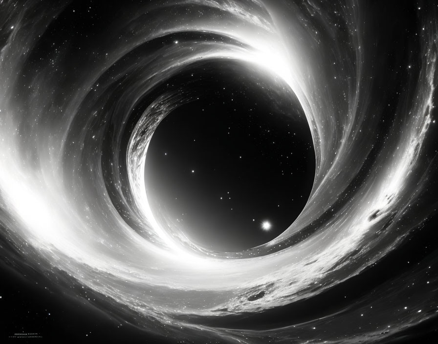 Monochrome swirling wormhole in space with stars and bright light