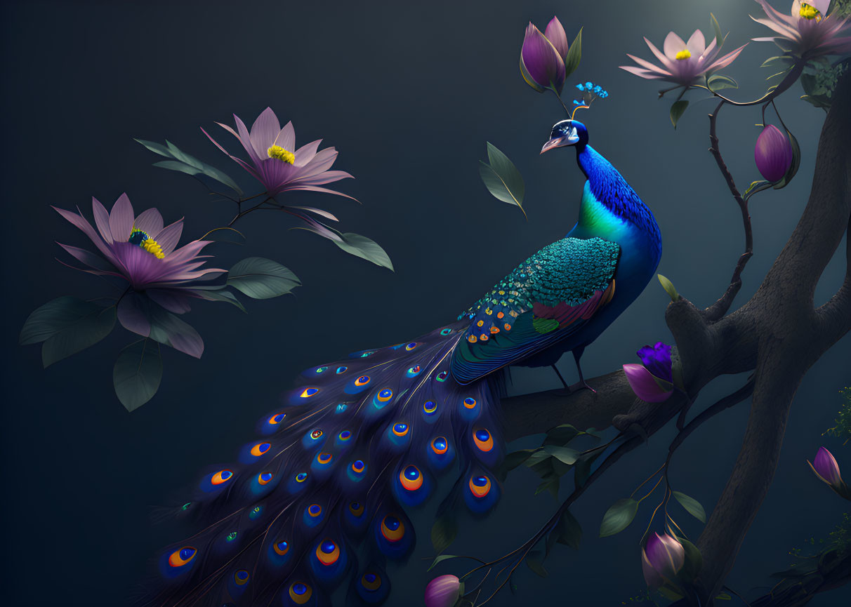 Colorful peacock perched among pink and purple flowers on dark blue background