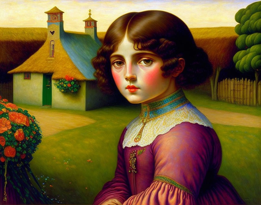 Portrait of young girl in purple dress with curly hair, set in village scene