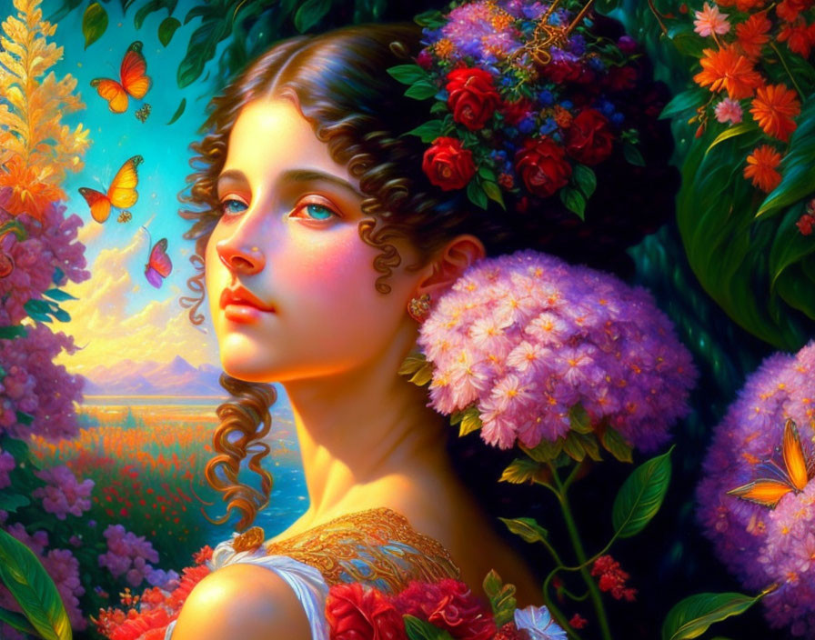 Colorful painting of young woman with flowers and butterflies in serene setting