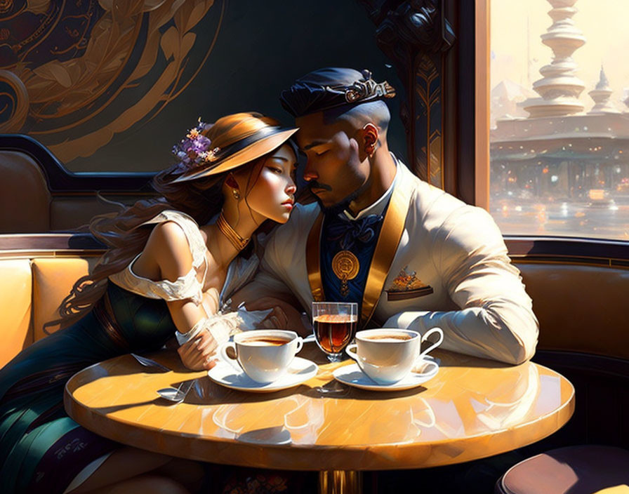 Elegantly Dressed Couple Enjoy Tea in Luxurious Vintage Interior