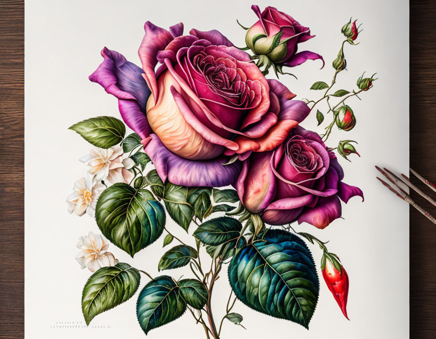  botanical drawing of roses and  pepper