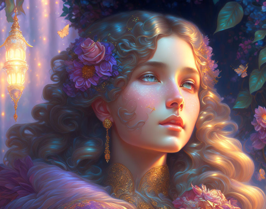 Fantasy woman portrait with curly hair, floral adornments, glowing lanterns, and whimsical background