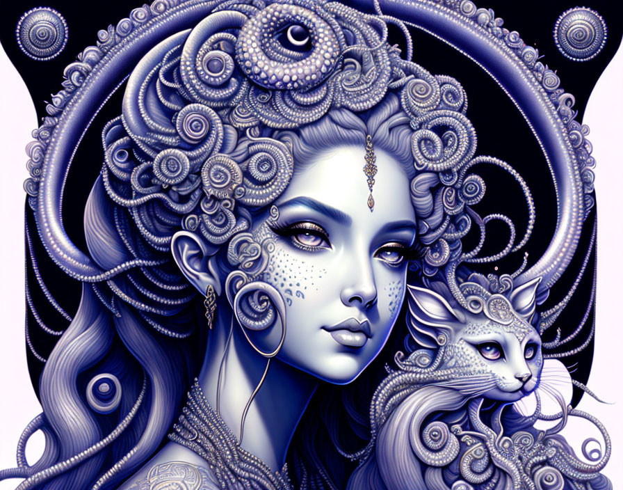 Illustrated Woman with Elaborate Swirling Hair and Stylized Cat on Dark Background