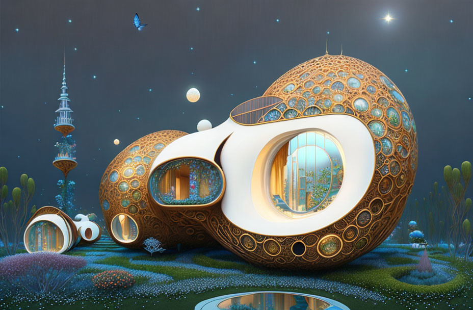 Organic-shaped futuristic building in fantasy landscape