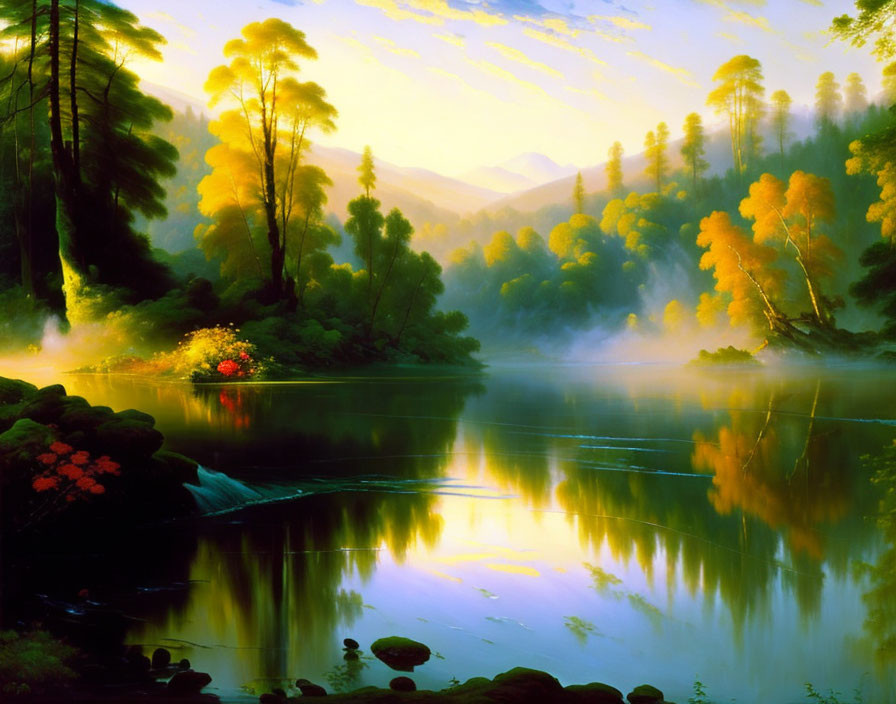 Mist-covered lake in lush forest with warm light