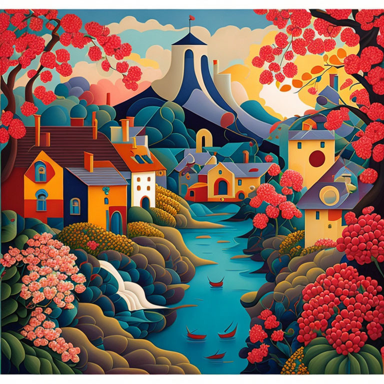 Colorful Stylized Artwork of Vibrant Village Landscape