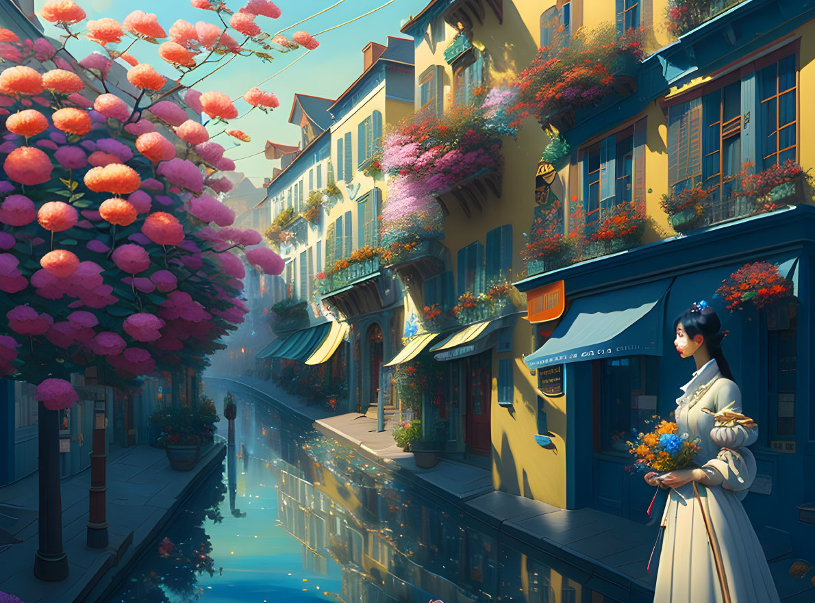 Woman holding flowers by calm canal with quaint buildings and flowering trees in warm light