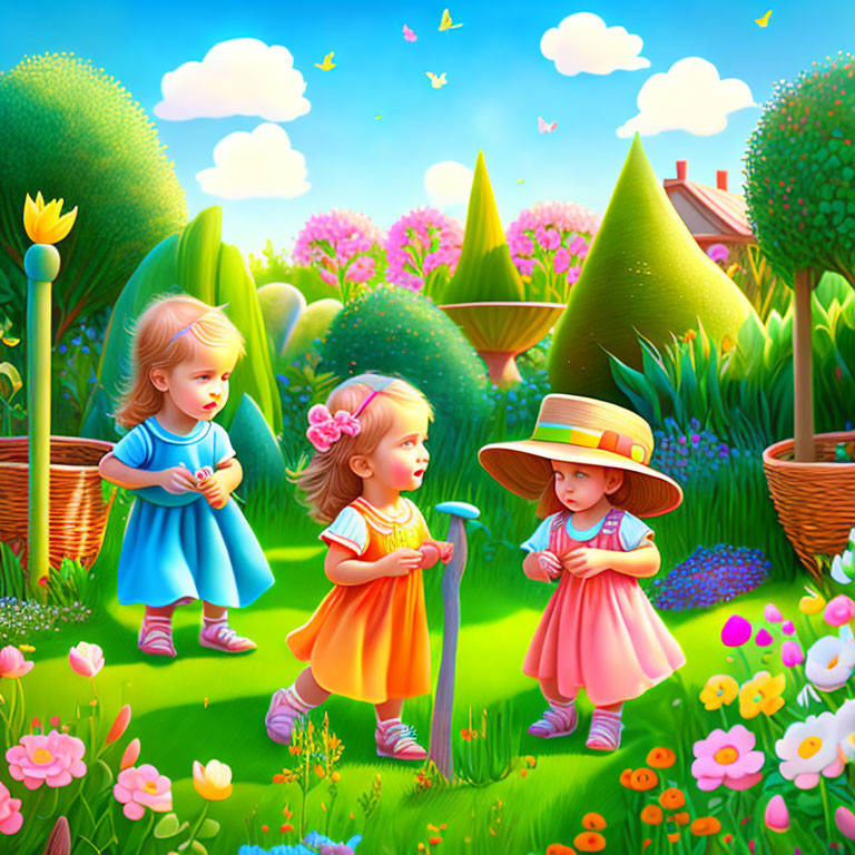 Three young girls playing in colorful garden with greenery, flowers, and butterflies