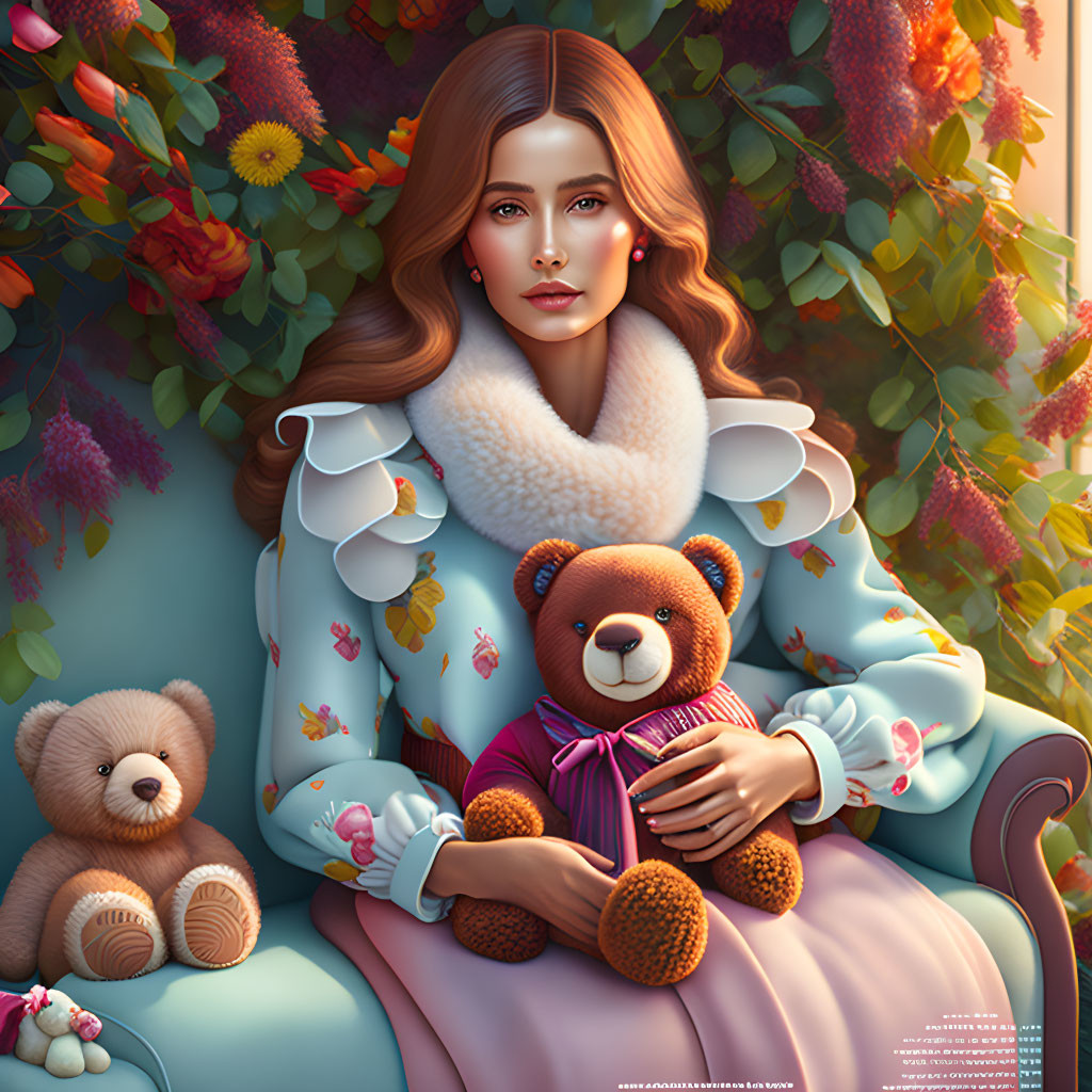 Digital illustration: Woman with long hair, teddy bears, colorful flowers in serene scene