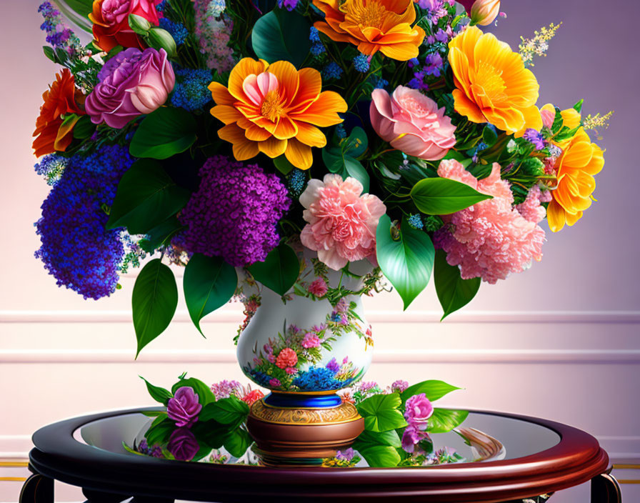 Assorted Flowers Bouquet in Floral Vase on Wooden Table