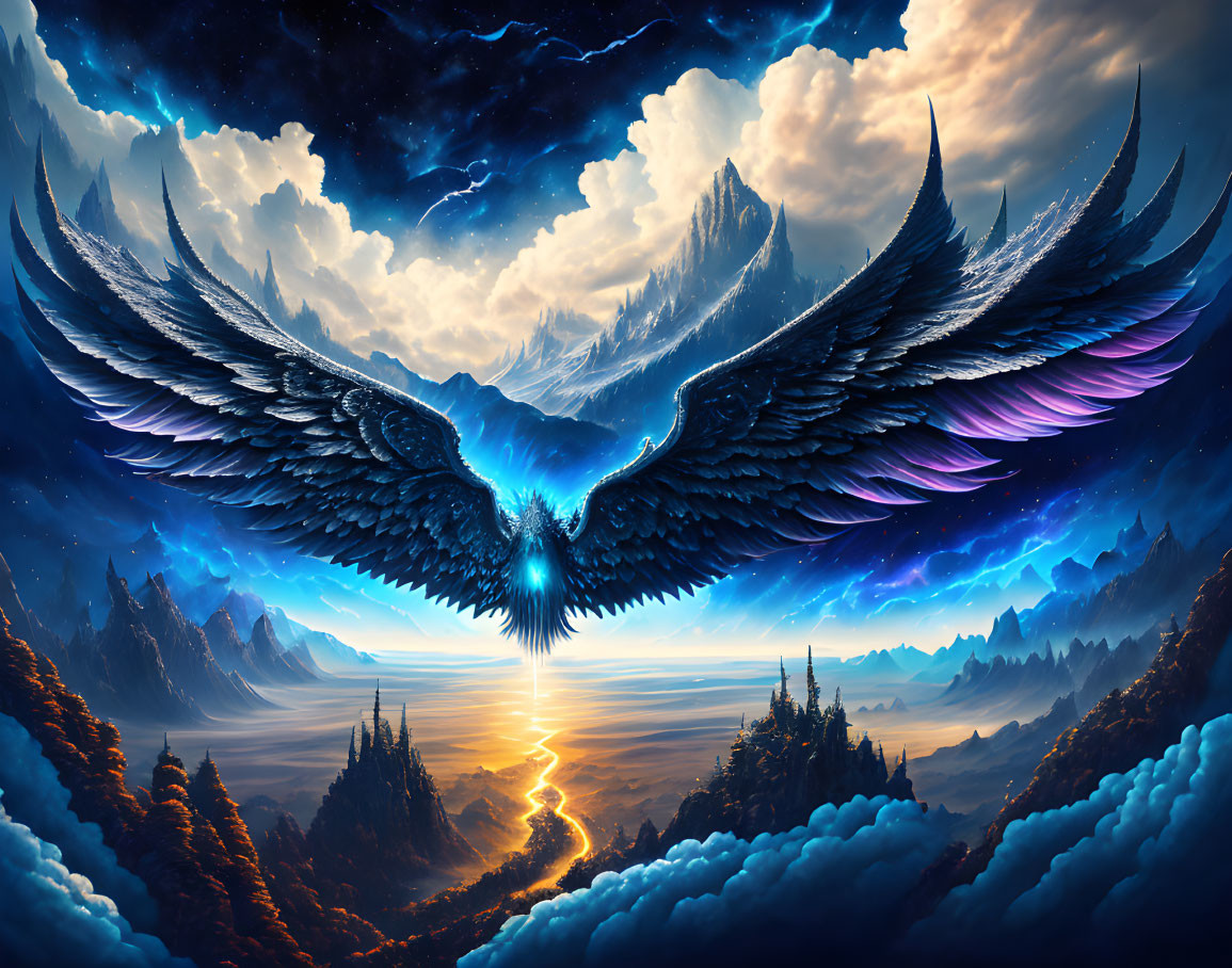 Colorful bird flying over surreal landscape with mountains, river, and starry sky