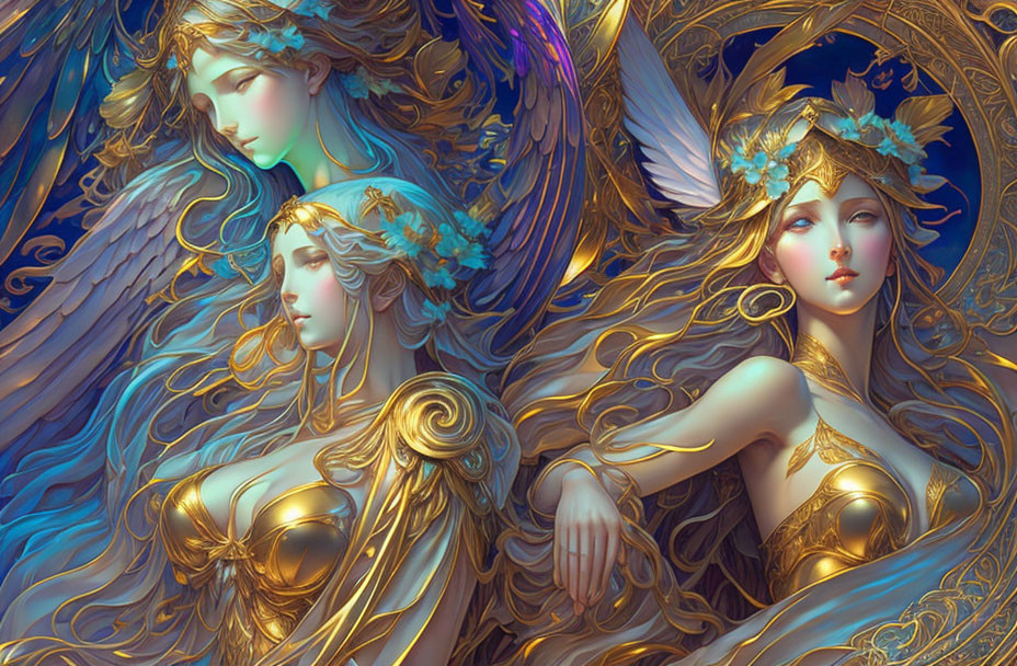 Ethereal female figures with golden hair and ornate headdresses in vibrant fantasy art