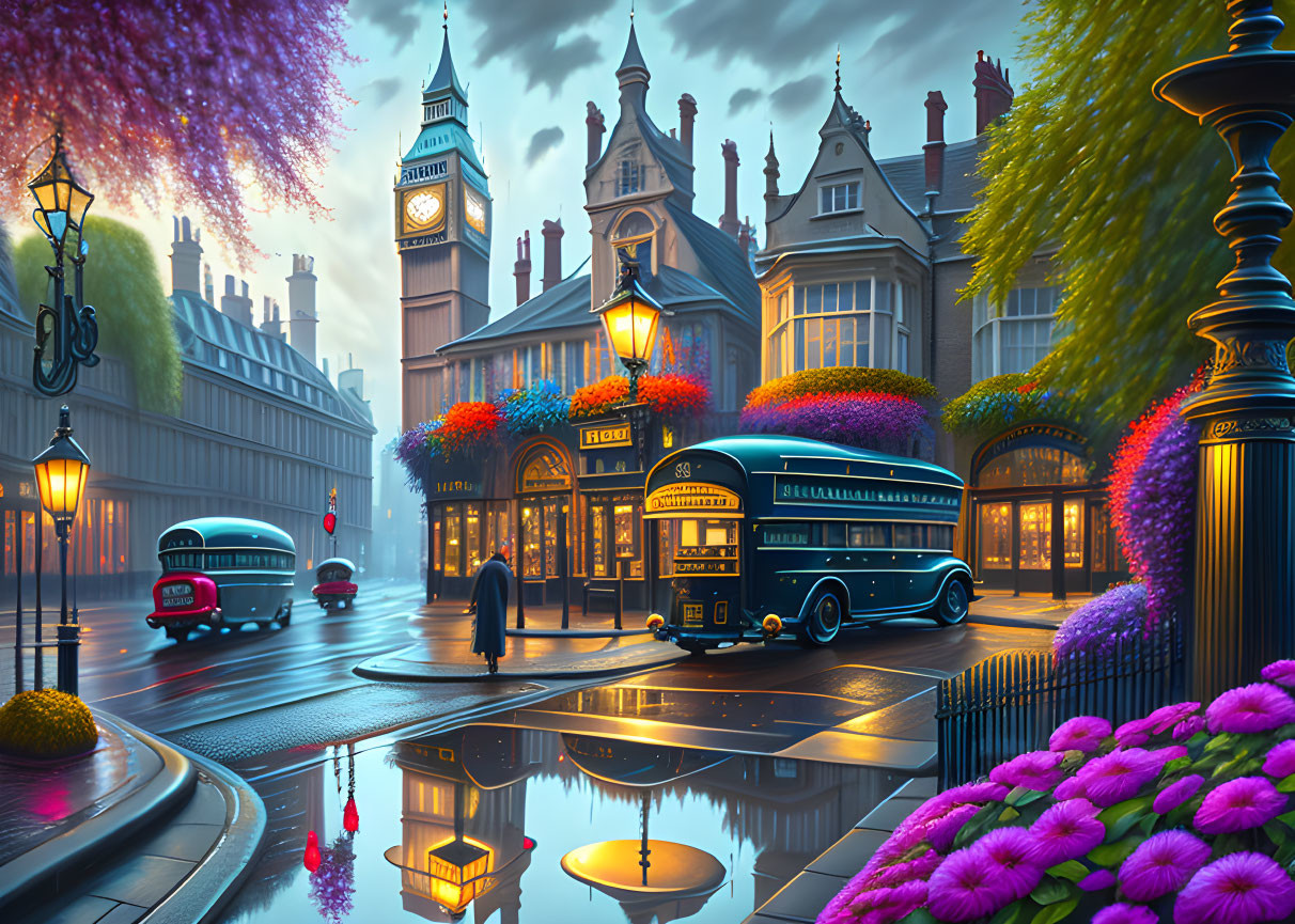 Colorful London Street Scene with Double-Decker Bus and Big Ben