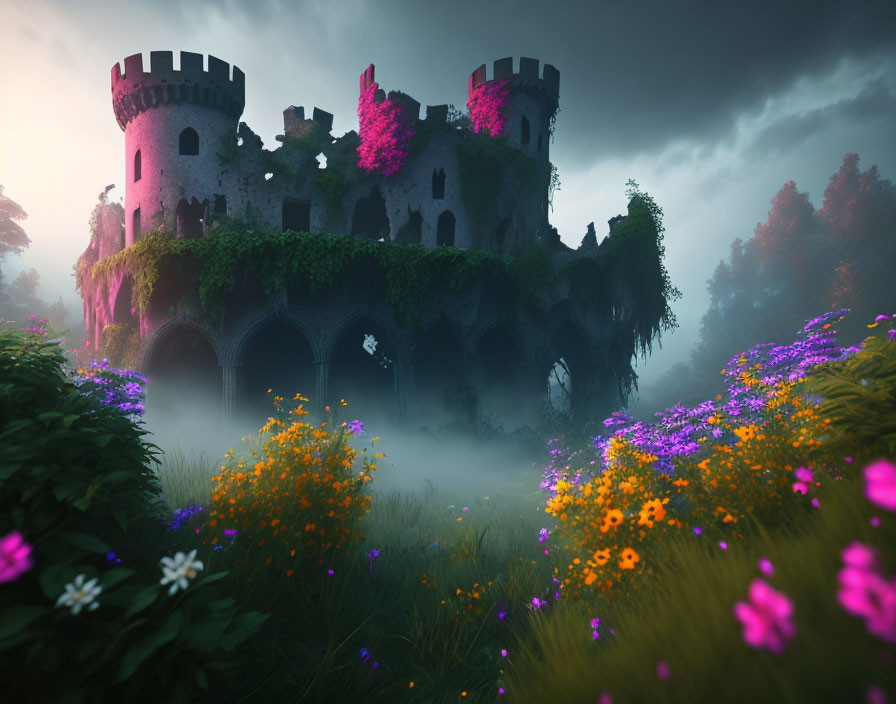 medieval castle, overgrown by vegetation