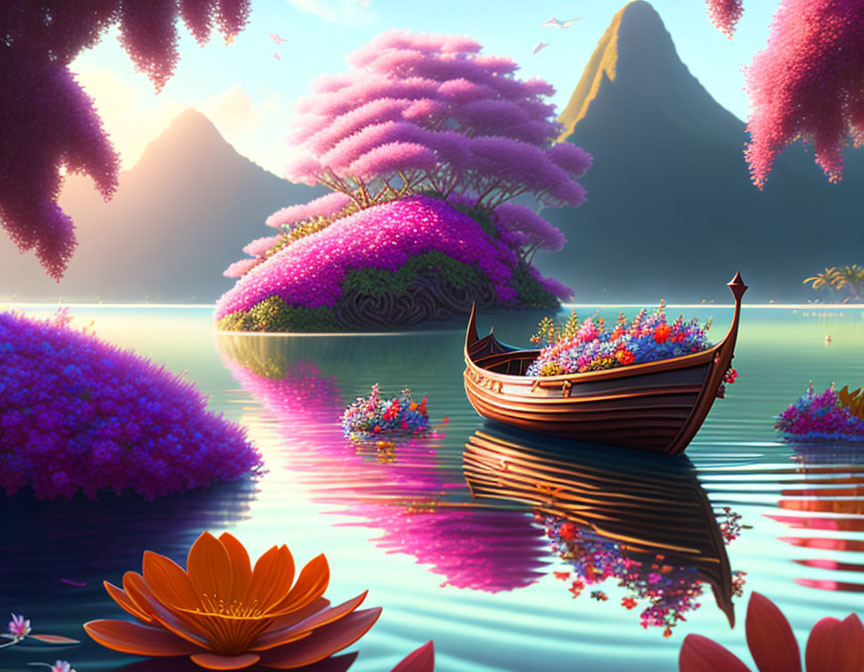 Tranquil fantasy landscape: vibrant purple flora, boat with flowers, calm waters, mountain backdrop at