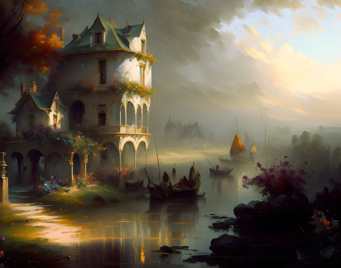 Fantastical riverside scene: grand house, boats, misty mountains at dusk