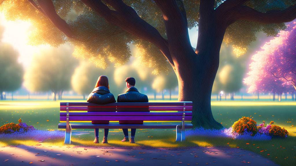Sunset park bench scene with two people amidst trees and flowers