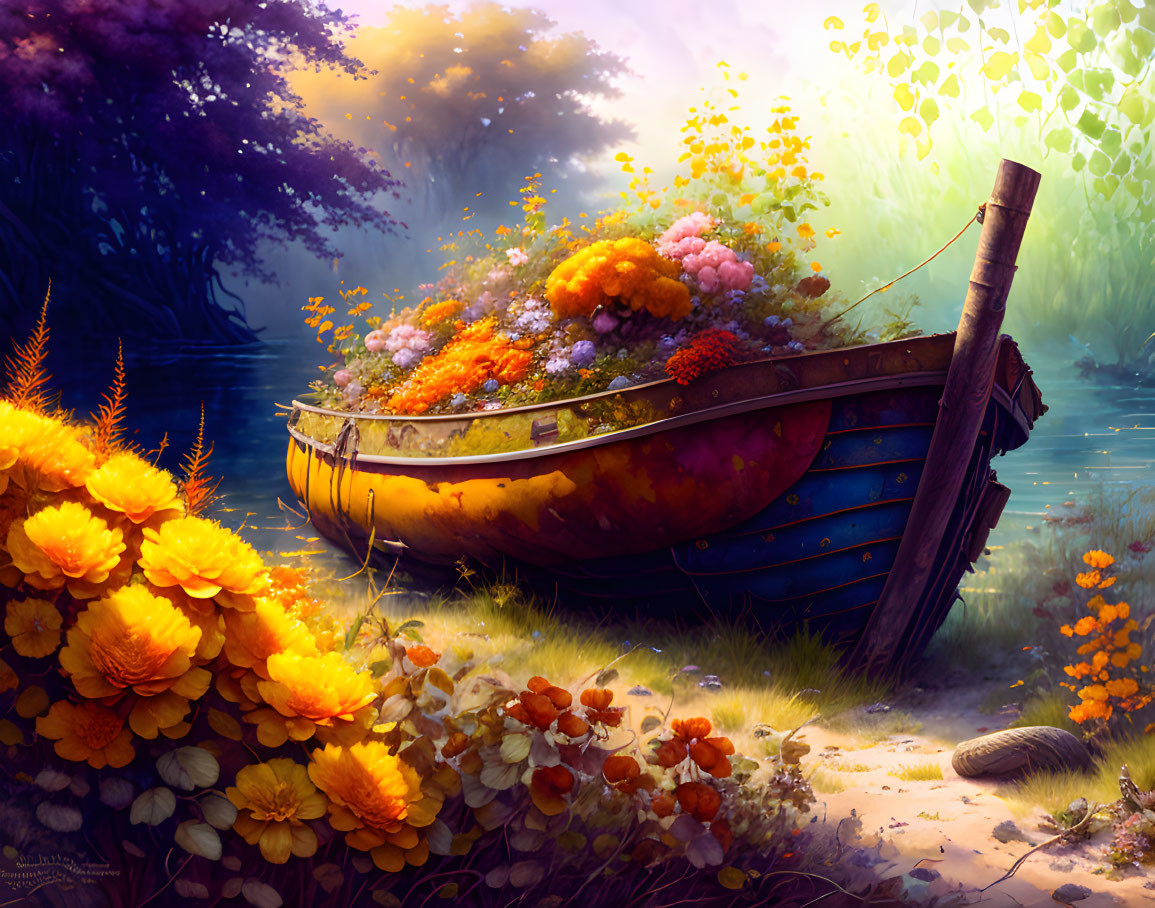 Colorful flowers overflow on old boat in tranquil riverbank