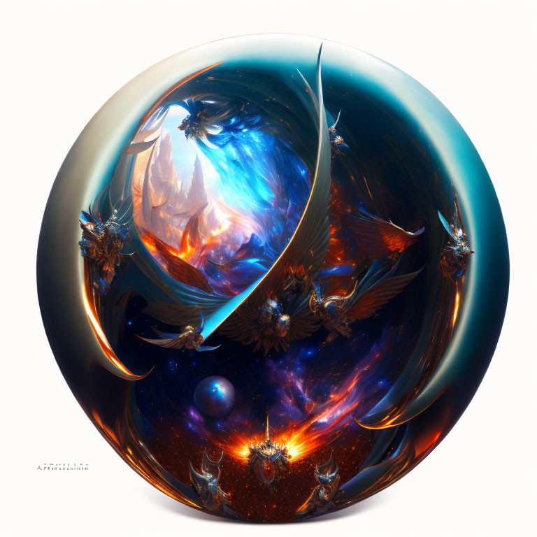 Abstract Spherical Artwork with Blue and Orange Swirls and Phoenix-like Creatures