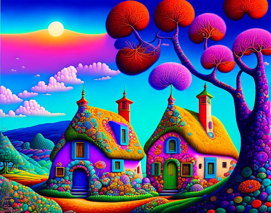 Colorful landscape with round-topped houses and stylized trees under a purple sky.
