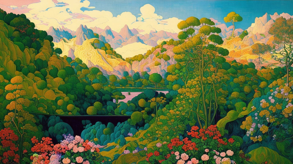 Stylized landscape painting with lush forests, winding river, and layered mountains