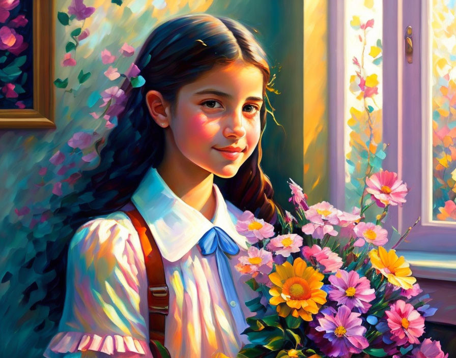 Colorful painting: Young girl with pink flower bouquet by sunlit window