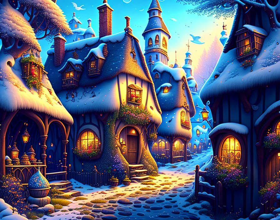 Snow-covered cottages in a whimsical winter village scene at night