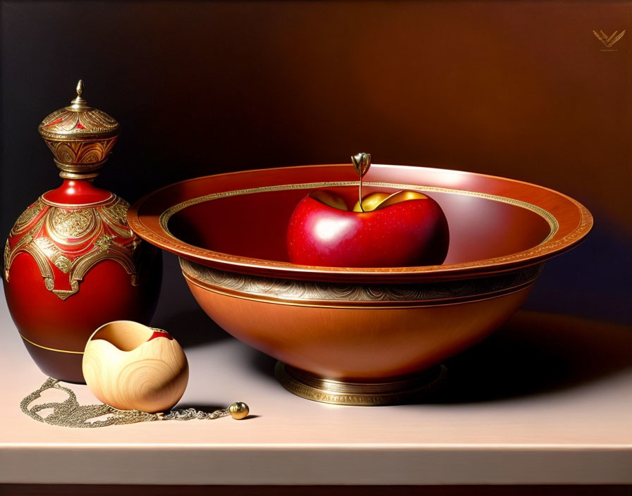 Shiny red apple, bronze bowl, red and gold urn, heart pendant on surface