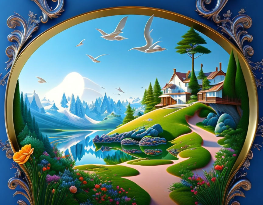 Colorful Stylized Landscape in Ornate Oval Frame with House, River, Trees, Mountains,