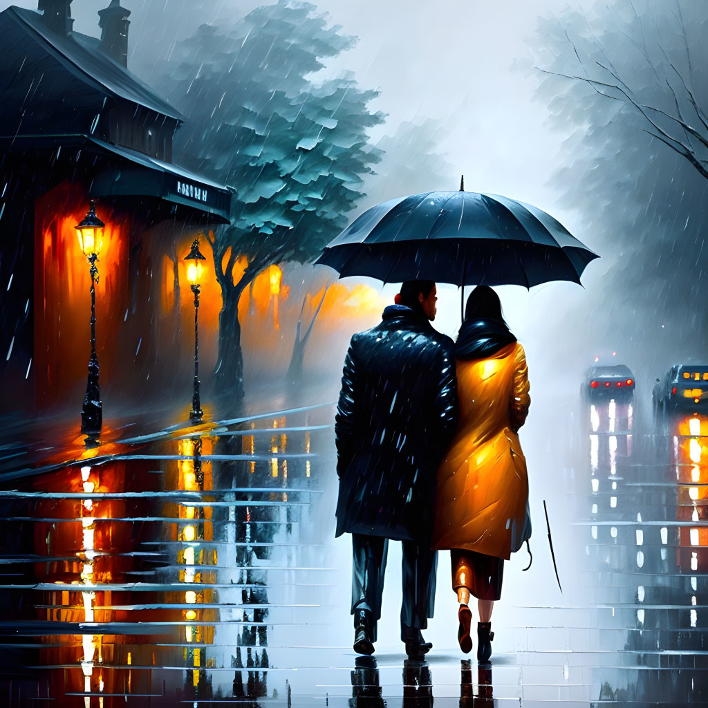 Couple walking under umbrella on rainy city street with street lamps and reflections