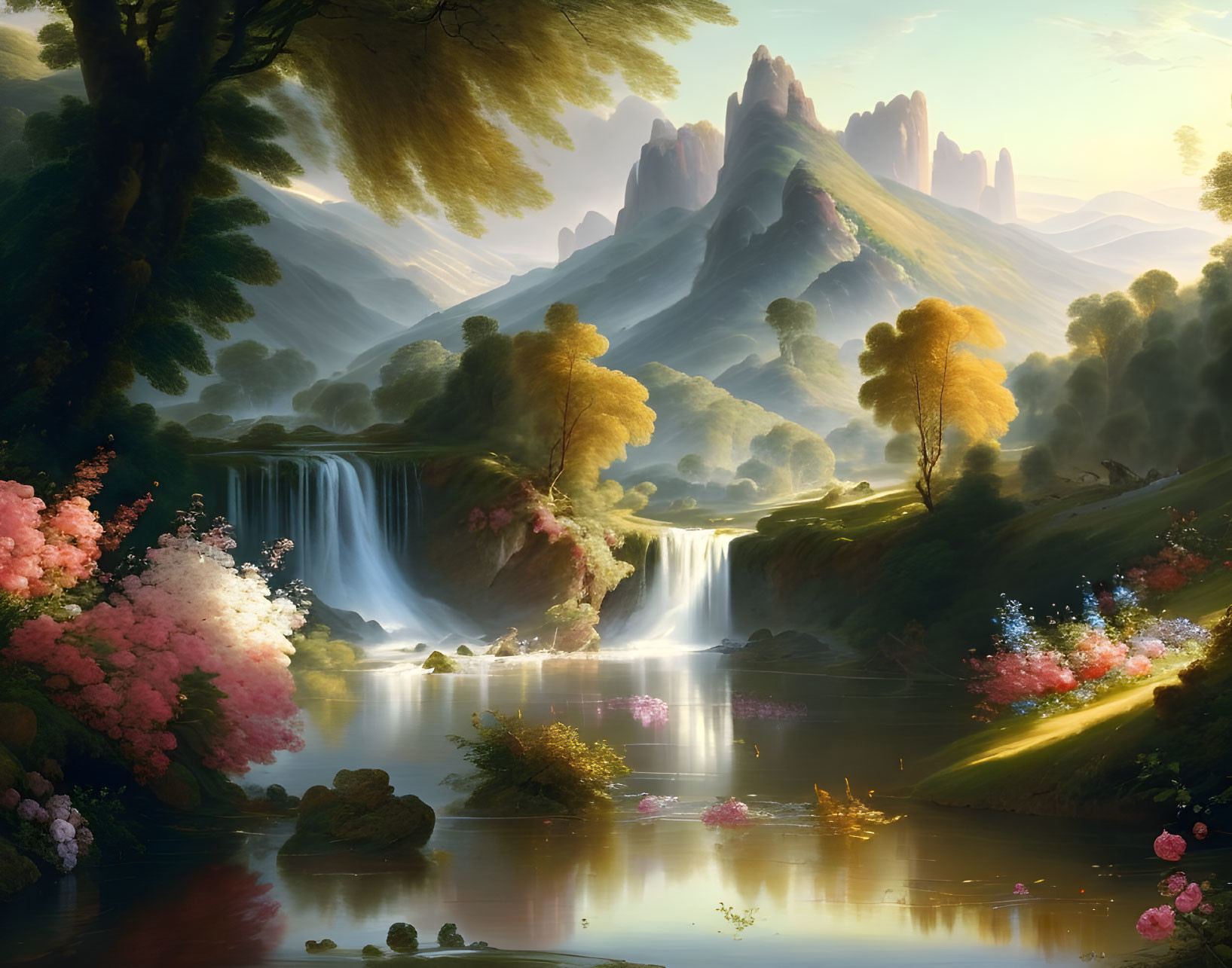 Tranquil landscape with waterfall, river, blooming trees, and mountain peaks