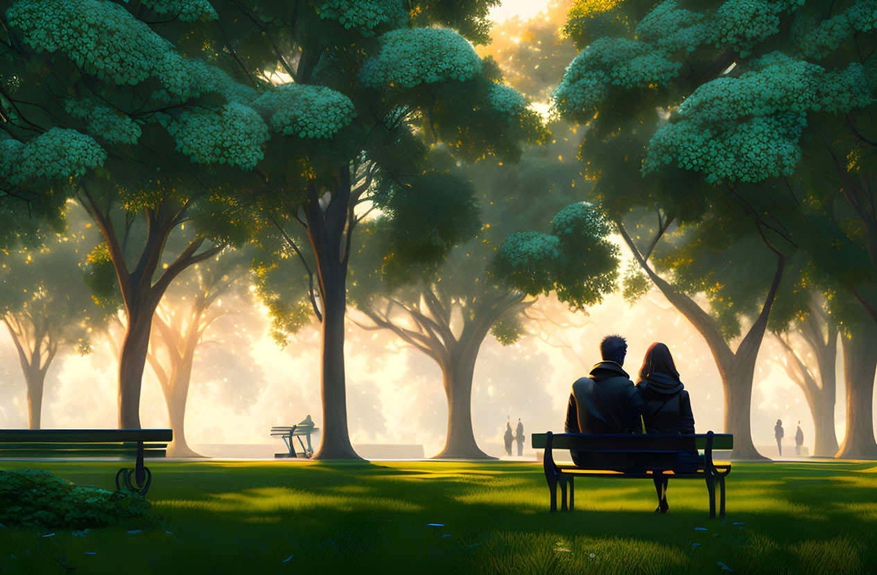 Couple Sitting on Park Bench Admiring Sunlit Landscape