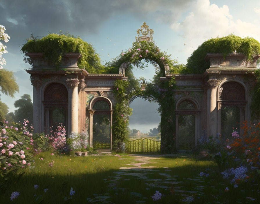 Lush garden with ancient archways and blooming flowers