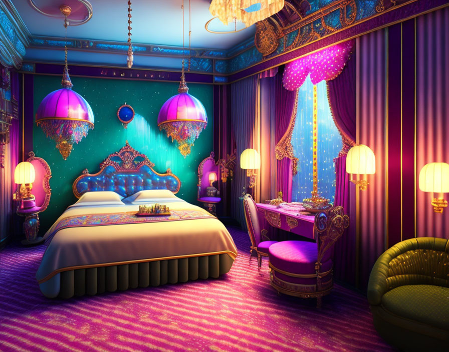 Luxurious Bedroom with Vibrant Color Scheme and Ornate Headboard