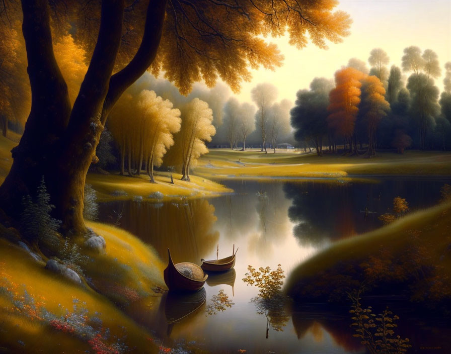 Tranquil autumnal landscape with golden trees and calm lake