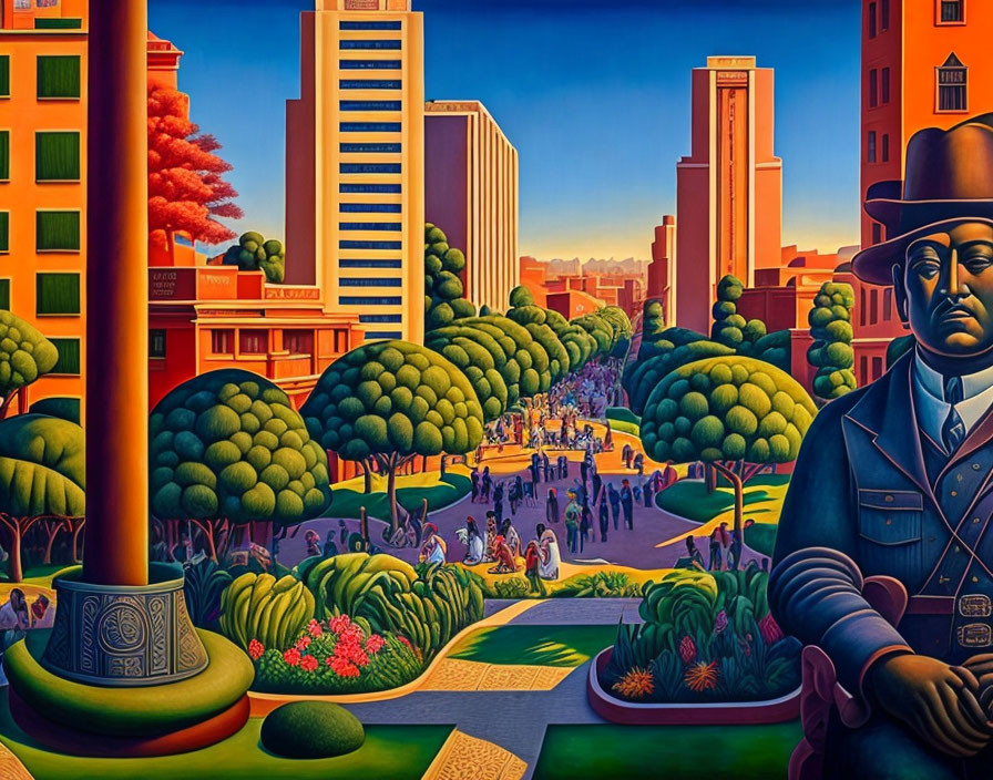 Colorful urban park painting with lush trees, gardens, small figures, and statue-like man