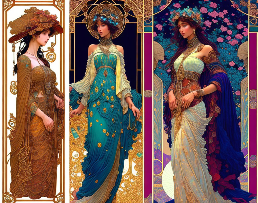 Three Art Nouveau women illustrations in flowy dresses with floral and peacock feather motifs.