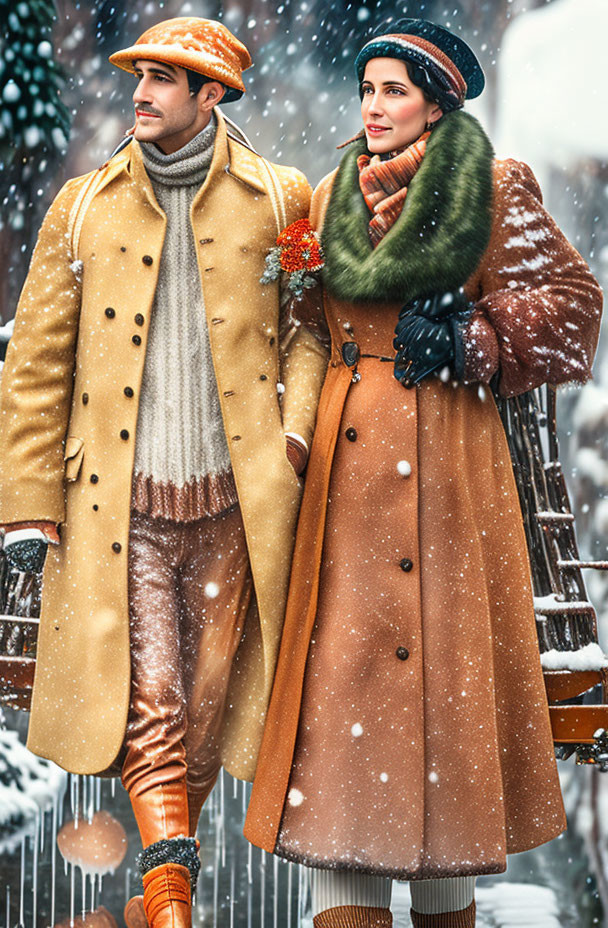 Elegant winter attire: Two people walking in snow