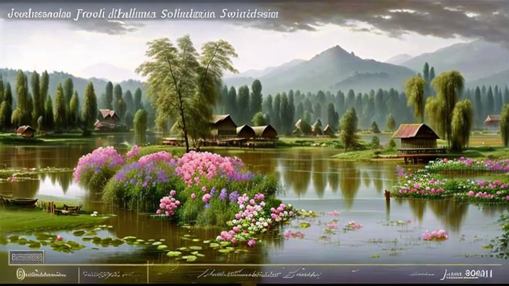 Tranquil lakeside digital painting with traditional houses, mountains, and pink flowers.