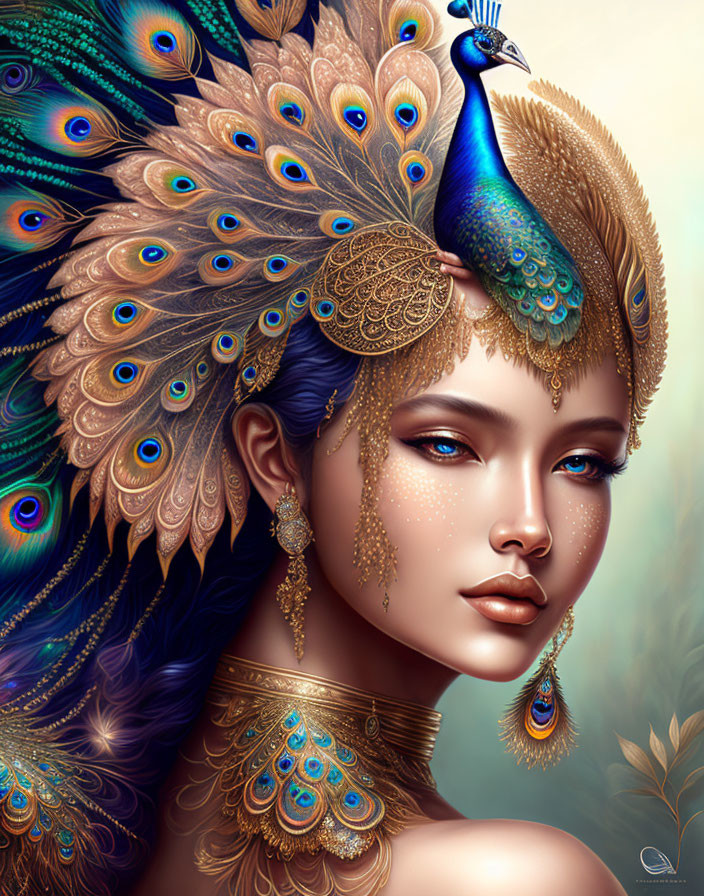 Digital artwork featuring woman with peacock feathers and gold jewelry