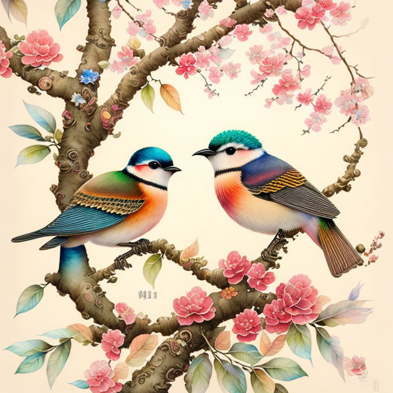 cute colorful birds on trees