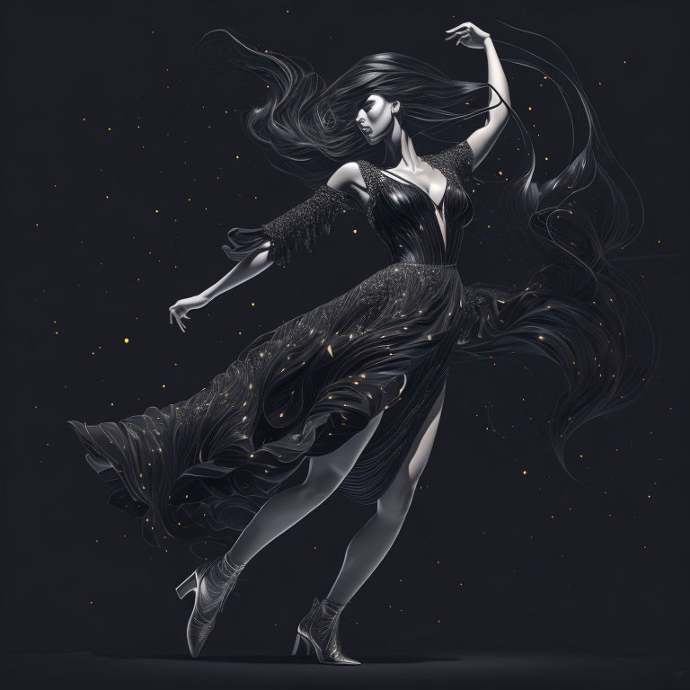 Monochromatic image: Woman dancing in flowing dress with swirling hair.