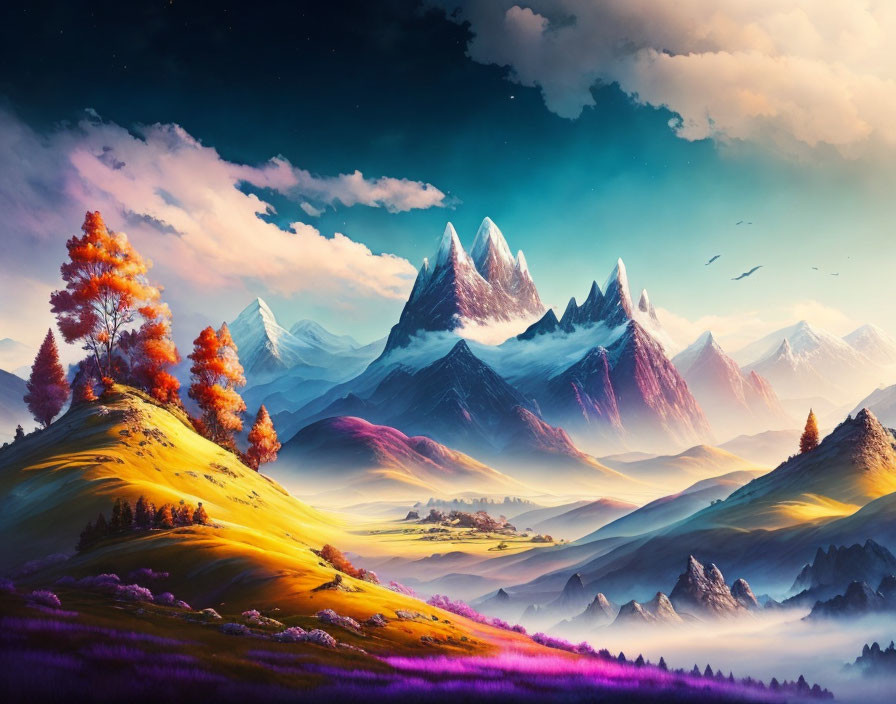 Colorful autumn trees, rolling hills, and misty valley in digital landscape